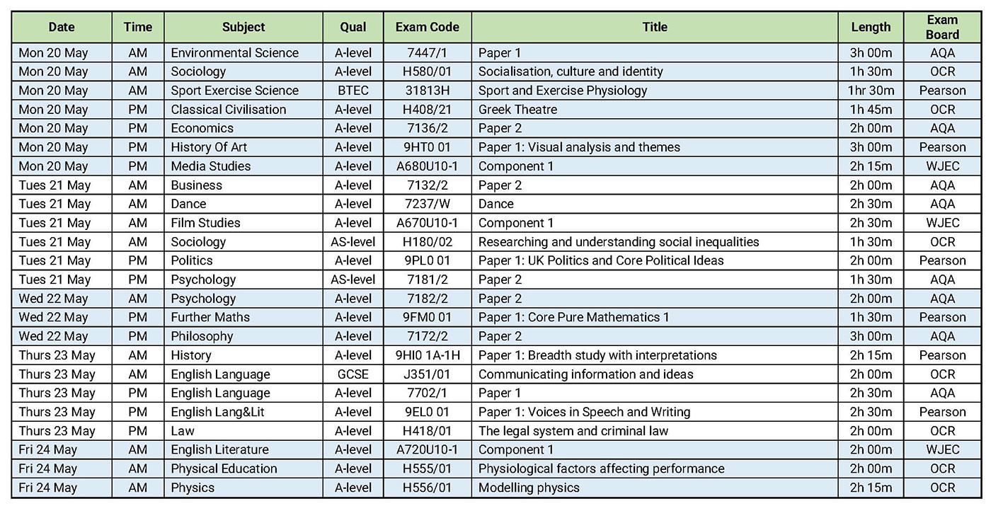 BHASVIC Summer Exams Calendar - 2024