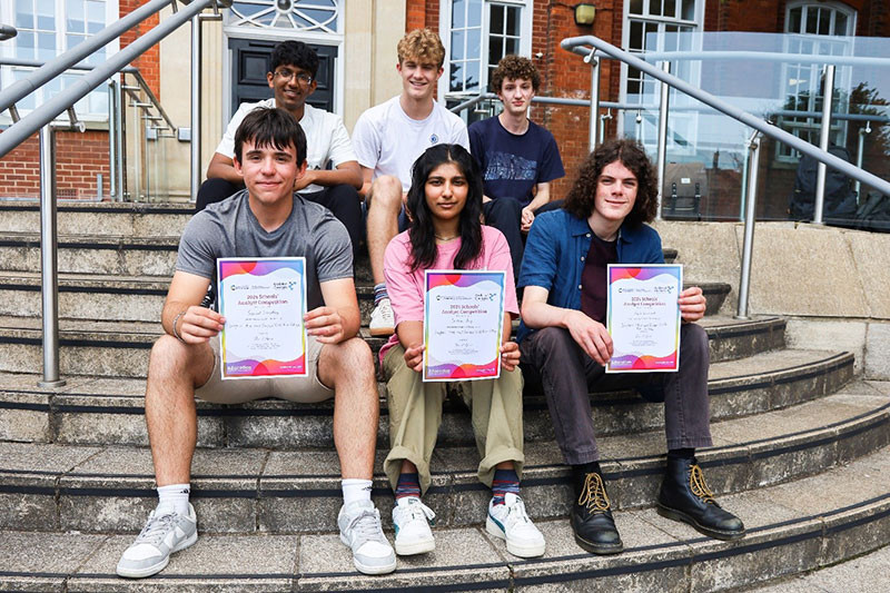 Above front (L-R): Sam, Jess and Keir were first place from the BHASVIC teams in terms of the closeness of their results to those expected by the competition organisers.  Above back (L-R): Isaac, Harry and Ali were commended by the competition organisers.